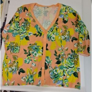 Isaac Mizrahi Live! Garden Floral Cardigan V-Neck Sweater Peach 1XL
